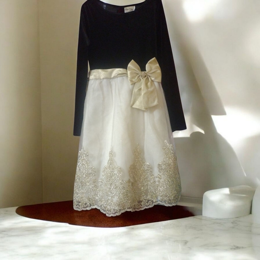 Rare Editions Black Velvet Ivory Gold Communion Church Wedding Velvet Dress